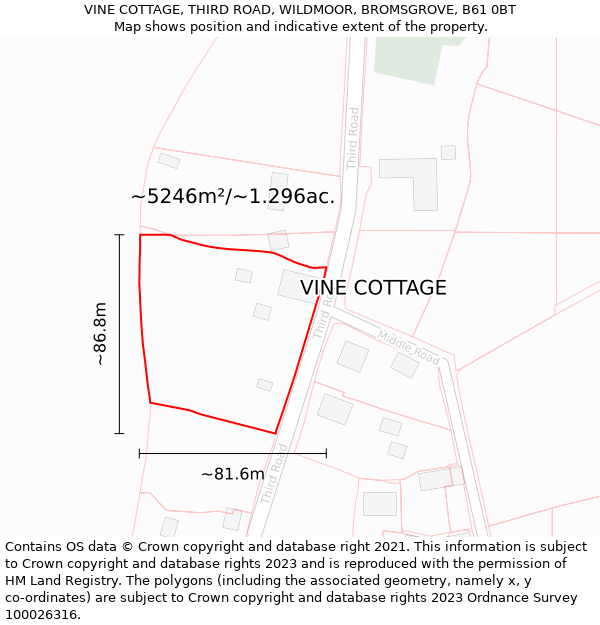 VINE COTTAGE, THIRD ROAD, WILDMOOR, BROMSGROVE, B61 0BT: Plot and title map