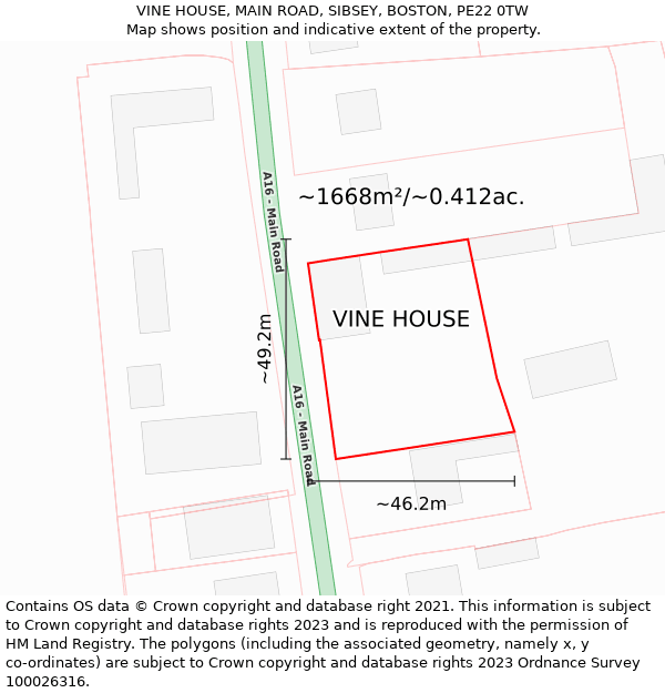 VINE HOUSE, MAIN ROAD, SIBSEY, BOSTON, PE22 0TW: Plot and title map