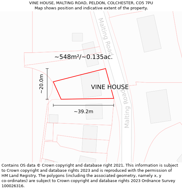 VINE HOUSE, MALTING ROAD, PELDON, COLCHESTER, CO5 7PU: Plot and title map