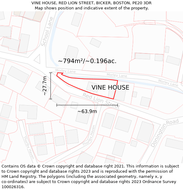 VINE HOUSE, RED LION STREET, BICKER, BOSTON, PE20 3DR: Plot and title map