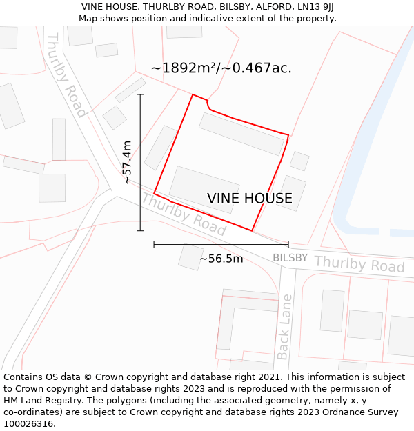 VINE HOUSE, THURLBY ROAD, BILSBY, ALFORD, LN13 9JJ: Plot and title map