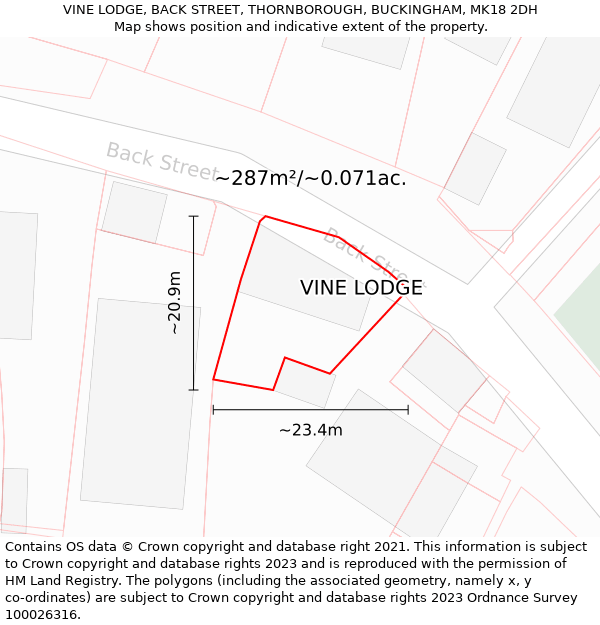 VINE LODGE, BACK STREET, THORNBOROUGH, BUCKINGHAM, MK18 2DH: Plot and title map