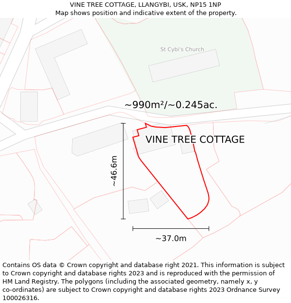 VINE TREE COTTAGE, LLANGYBI, USK, NP15 1NP: Plot and title map