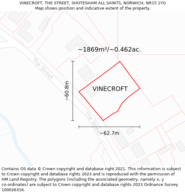 VINECROFT, THE STREET, SHOTESHAM ALL SAINTS, NORWICH, NR15 1YG: Plot and title map