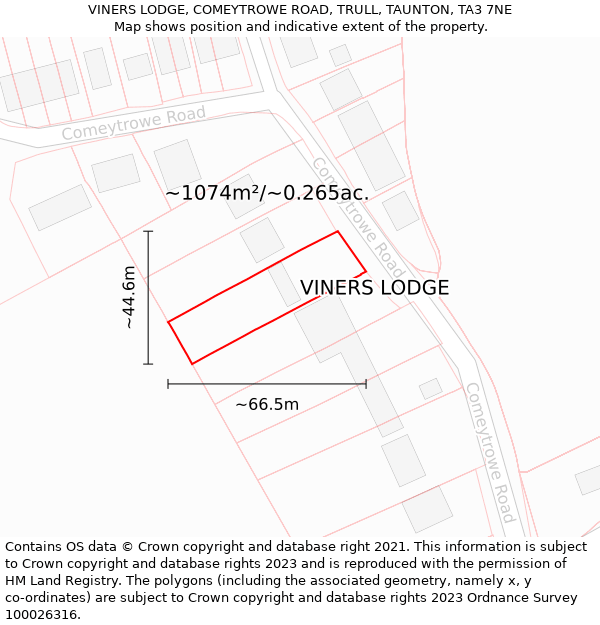 VINERS LODGE, COMEYTROWE ROAD, TRULL, TAUNTON, TA3 7NE: Plot and title map