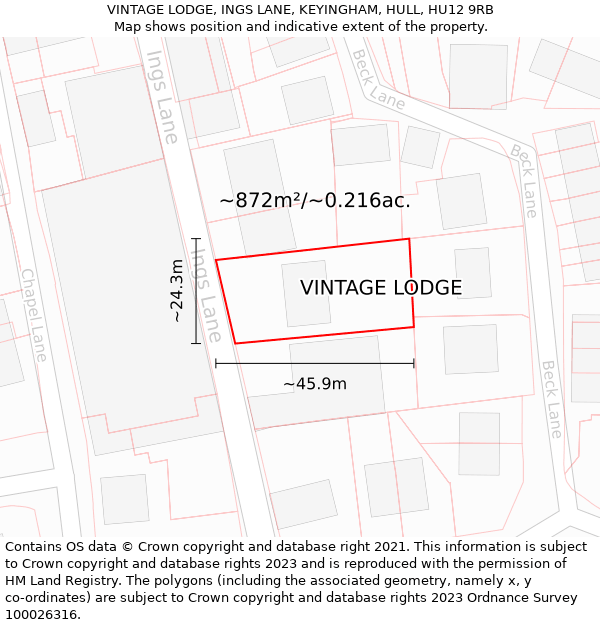 VINTAGE LODGE, INGS LANE, KEYINGHAM, HULL, HU12 9RB: Plot and title map