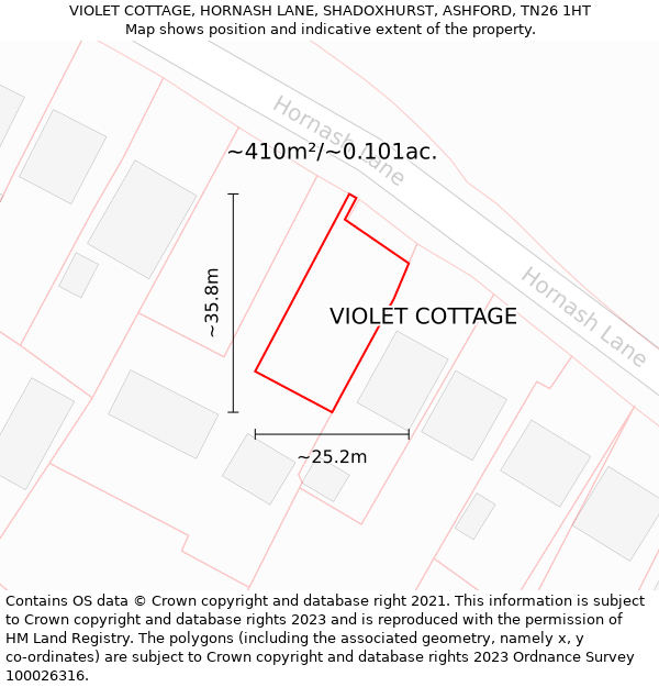 VIOLET COTTAGE, HORNASH LANE, SHADOXHURST, ASHFORD, TN26 1HT: Plot and title map
