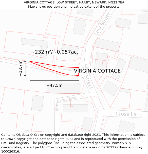 VIRGINIA COTTAGE, LOW STREET, HARBY, NEWARK, NG23 7EA: Plot and title map