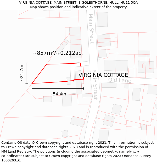 VIRGINIA COTTAGE, MAIN STREET, SIGGLESTHORNE, HULL, HU11 5QA: Plot and title map