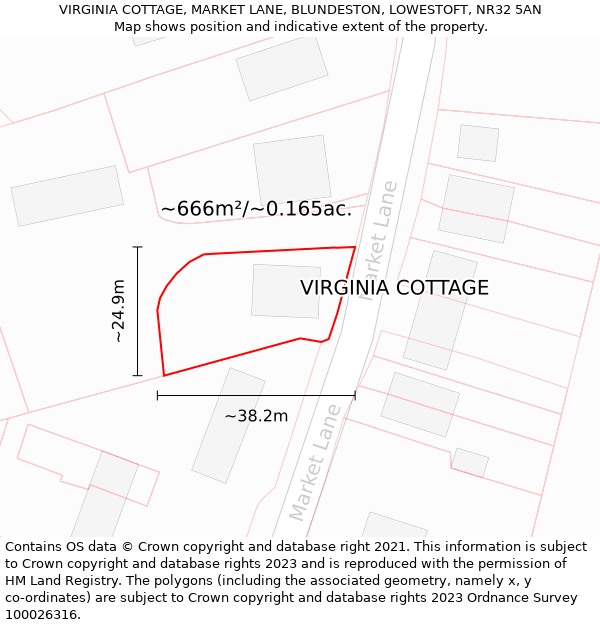 VIRGINIA COTTAGE, MARKET LANE, BLUNDESTON, LOWESTOFT, NR32 5AN: Plot and title map