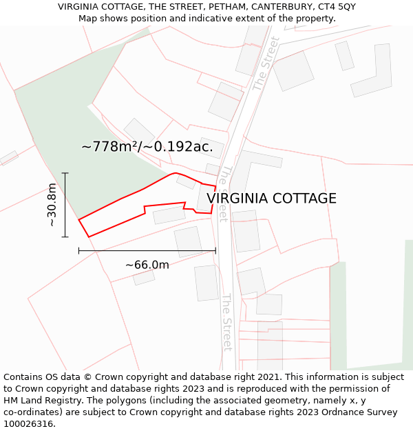 VIRGINIA COTTAGE, THE STREET, PETHAM, CANTERBURY, CT4 5QY: Plot and title map