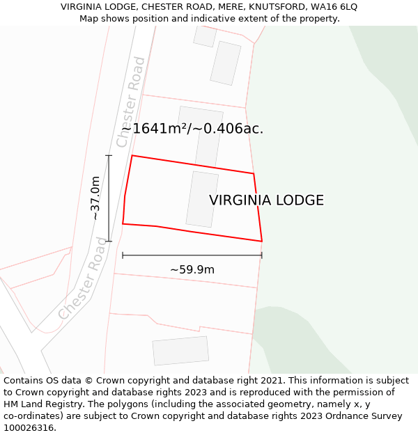 VIRGINIA LODGE, CHESTER ROAD, MERE, KNUTSFORD, WA16 6LQ: Plot and title map