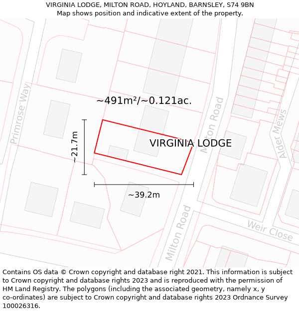 VIRGINIA LODGE, MILTON ROAD, HOYLAND, BARNSLEY, S74 9BN: Plot and title map