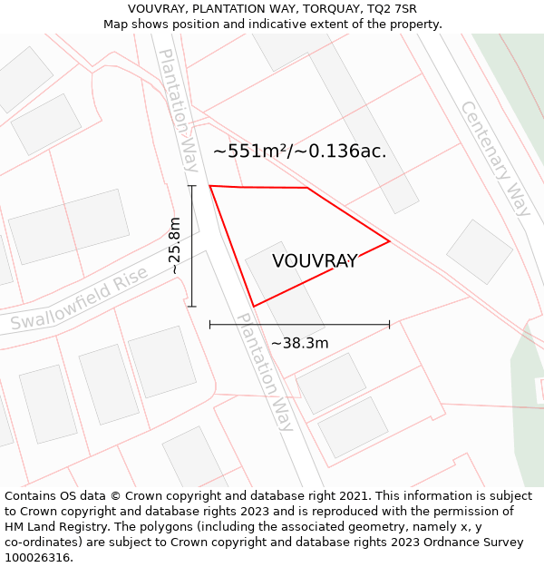 VOUVRAY, PLANTATION WAY, TORQUAY, TQ2 7SR: Plot and title map