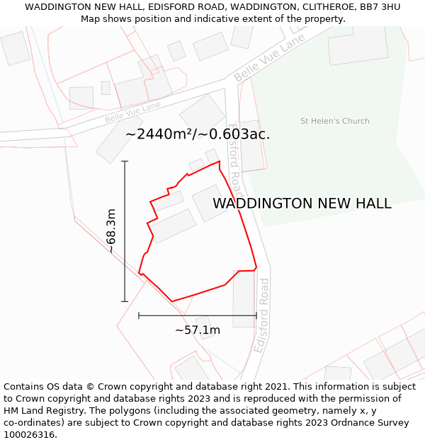 WADDINGTON NEW HALL, EDISFORD ROAD, WADDINGTON, CLITHEROE, BB7 3HU: Plot and title map