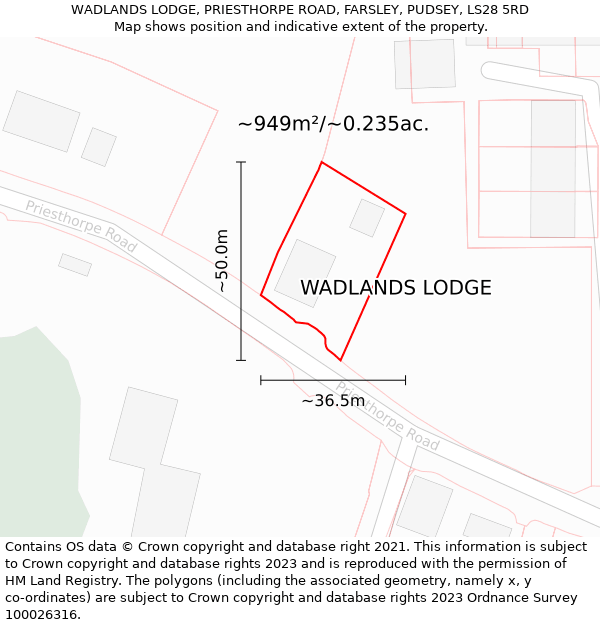 WADLANDS LODGE, PRIESTHORPE ROAD, FARSLEY, PUDSEY, LS28 5RD: Plot and title map