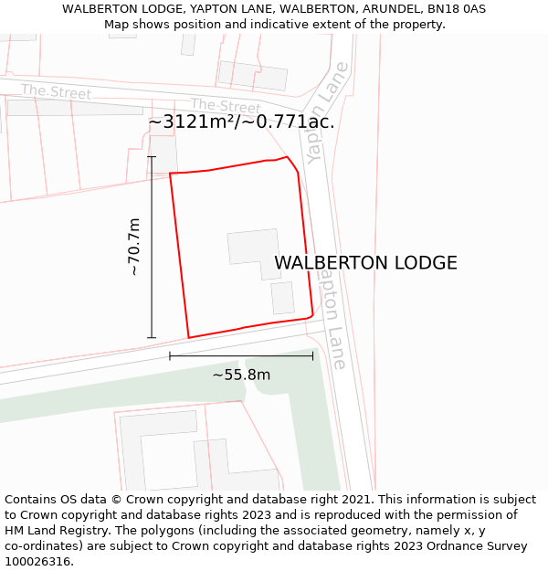 WALBERTON LODGE, YAPTON LANE, WALBERTON, ARUNDEL, BN18 0AS: Plot and title map