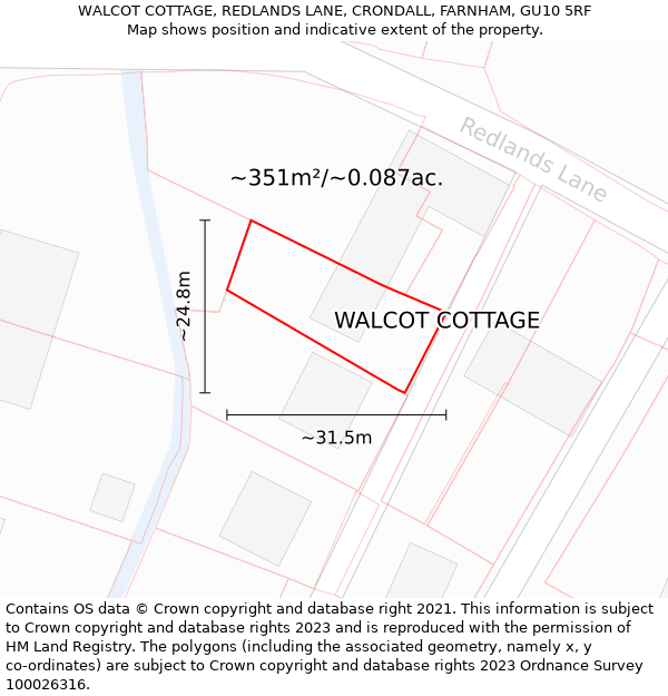 WALCOT COTTAGE, REDLANDS LANE, CRONDALL, FARNHAM, GU10 5RF: Plot and title map