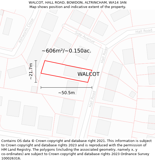 WALCOT, HALL ROAD, BOWDON, ALTRINCHAM, WA14 3AN: Plot and title map
