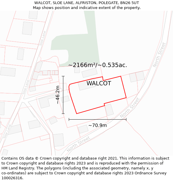 WALCOT, SLOE LANE, ALFRISTON, POLEGATE, BN26 5UT: Plot and title map