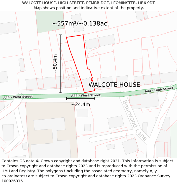 WALCOTE HOUSE, HIGH STREET, PEMBRIDGE, LEOMINSTER, HR6 9DT: Plot and title map