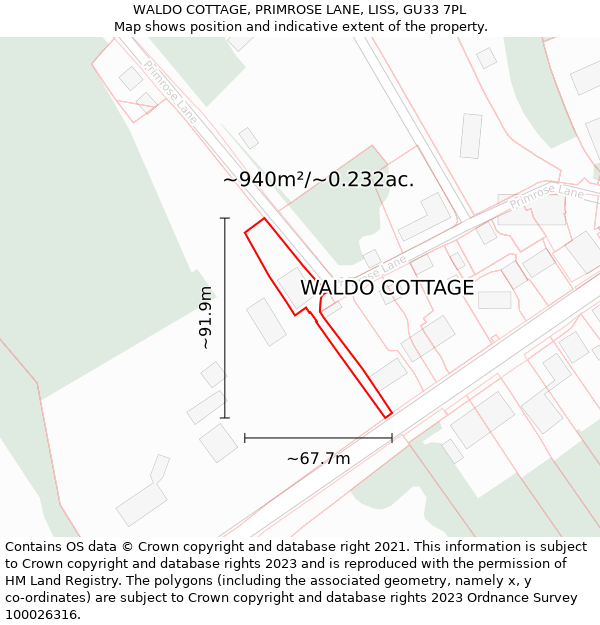 WALDO COTTAGE, PRIMROSE LANE, LISS, GU33 7PL: Plot and title map
