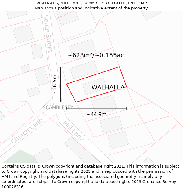 WALHALLA, MILL LANE, SCAMBLESBY, LOUTH, LN11 9XP: Plot and title map