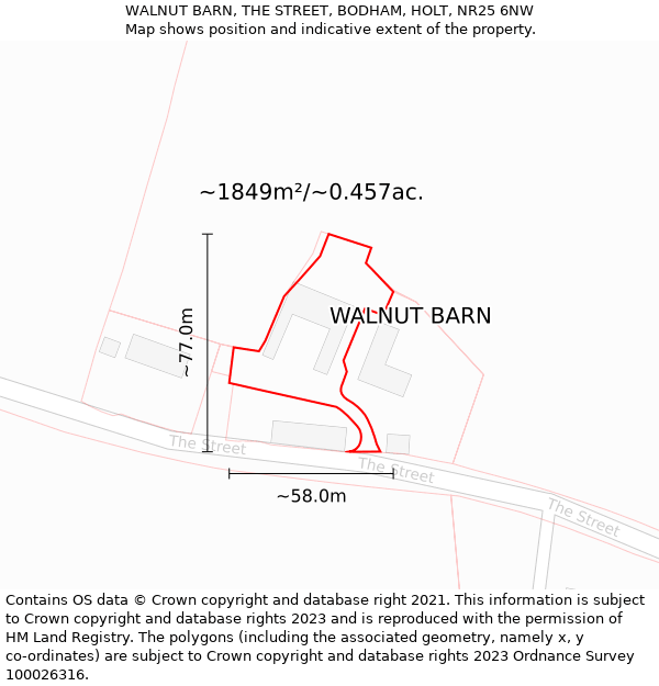 WALNUT BARN, THE STREET, BODHAM, HOLT, NR25 6NW: Plot and title map