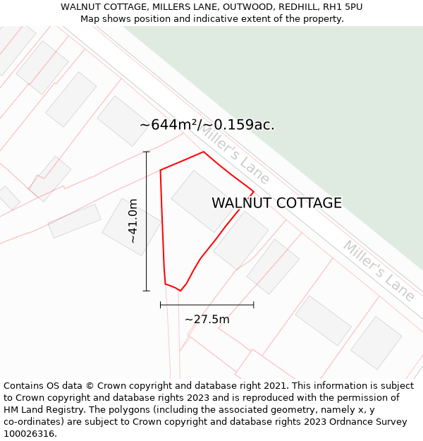 WALNUT COTTAGE, MILLERS LANE, OUTWOOD, REDHILL, RH1 5PU: Plot and title map