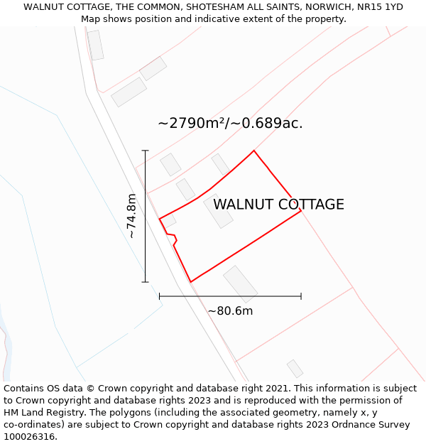 WALNUT COTTAGE, THE COMMON, SHOTESHAM ALL SAINTS, NORWICH, NR15 1YD: Plot and title map