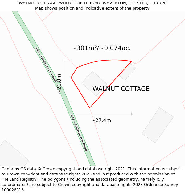 WALNUT COTTAGE, WHITCHURCH ROAD, WAVERTON, CHESTER, CH3 7PB: Plot and title map