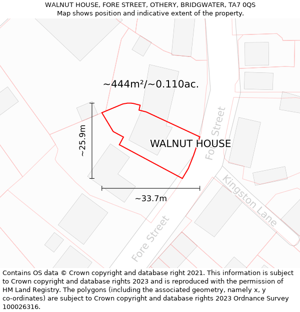 WALNUT HOUSE, FORE STREET, OTHERY, BRIDGWATER, TA7 0QS: Plot and title map