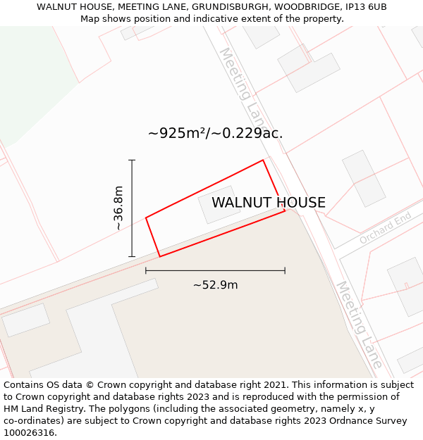 WALNUT HOUSE, MEETING LANE, GRUNDISBURGH, WOODBRIDGE, IP13 6UB: Plot and title map