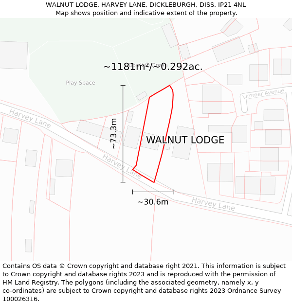 WALNUT LODGE, HARVEY LANE, DICKLEBURGH, DISS, IP21 4NL: Plot and title map