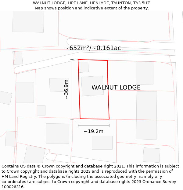 WALNUT LODGE, LIPE LANE, HENLADE, TAUNTON, TA3 5HZ: Plot and title map