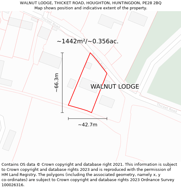 WALNUT LODGE, THICKET ROAD, HOUGHTON, HUNTINGDON, PE28 2BQ: Plot and title map