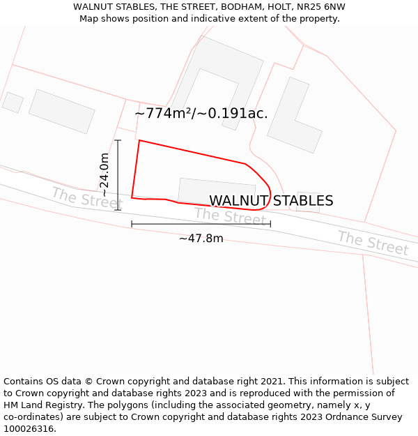 WALNUT STABLES, THE STREET, BODHAM, HOLT, NR25 6NW: Plot and title map