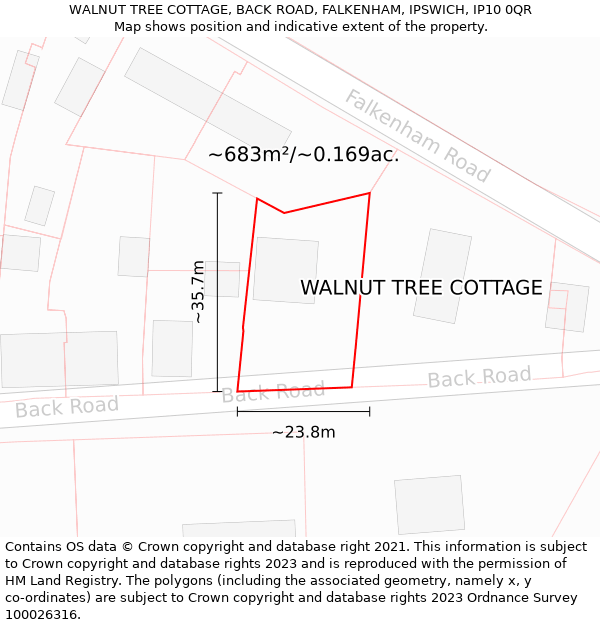 WALNUT TREE COTTAGE, BACK ROAD, FALKENHAM, IPSWICH, IP10 0QR: Plot and title map