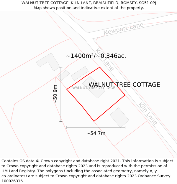 WALNUT TREE COTTAGE, KILN LANE, BRAISHFIELD, ROMSEY, SO51 0PJ: Plot and title map
