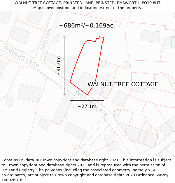 WALNUT TREE COTTAGE, PRINSTED LANE, PRINSTED, EMSWORTH, PO10 8HT: Plot and title map