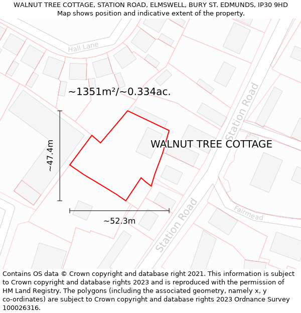 WALNUT TREE COTTAGE, STATION ROAD, ELMSWELL, BURY ST. EDMUNDS, IP30 9HD: Plot and title map