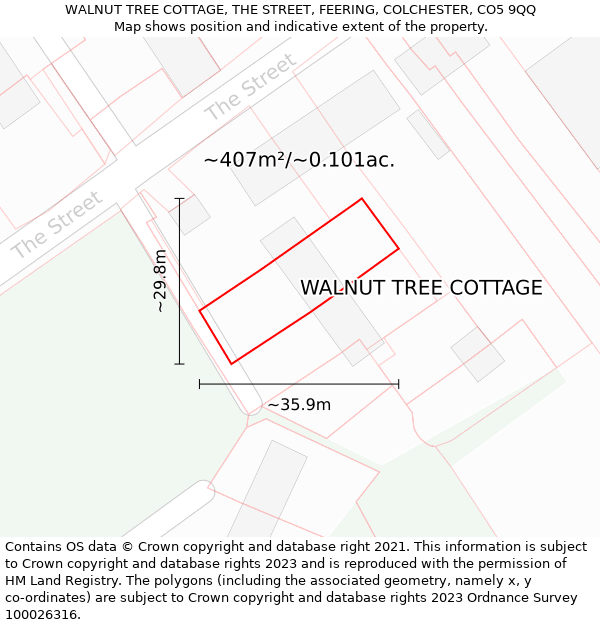 WALNUT TREE COTTAGE, THE STREET, FEERING, COLCHESTER, CO5 9QQ: Plot and title map
