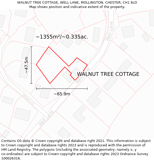 WALNUT TREE COTTAGE, WELL LANE, MOLLINGTON, CHESTER, CH1 6LD: Plot and title map
