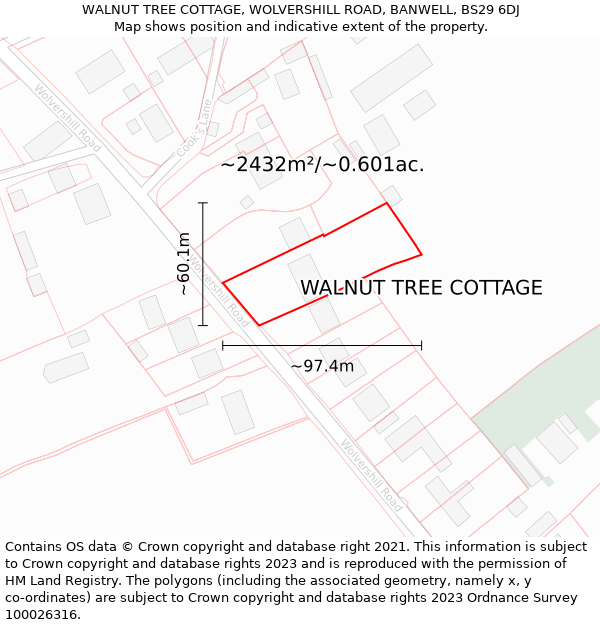 WALNUT TREE COTTAGE, WOLVERSHILL ROAD, BANWELL, BS29 6DJ: Plot and title map
