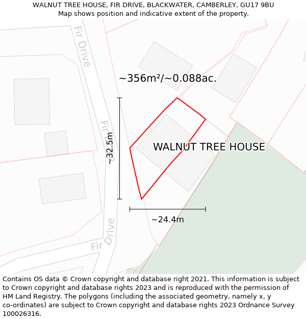 WALNUT TREE HOUSE, FIR DRIVE, BLACKWATER, CAMBERLEY, GU17 9BU: Plot and title map