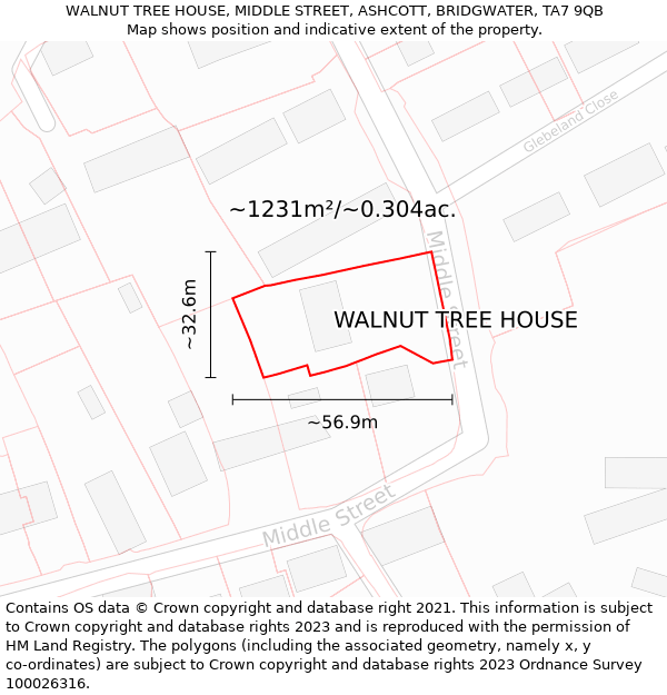 WALNUT TREE HOUSE, MIDDLE STREET, ASHCOTT, BRIDGWATER, TA7 9QB: Plot and title map