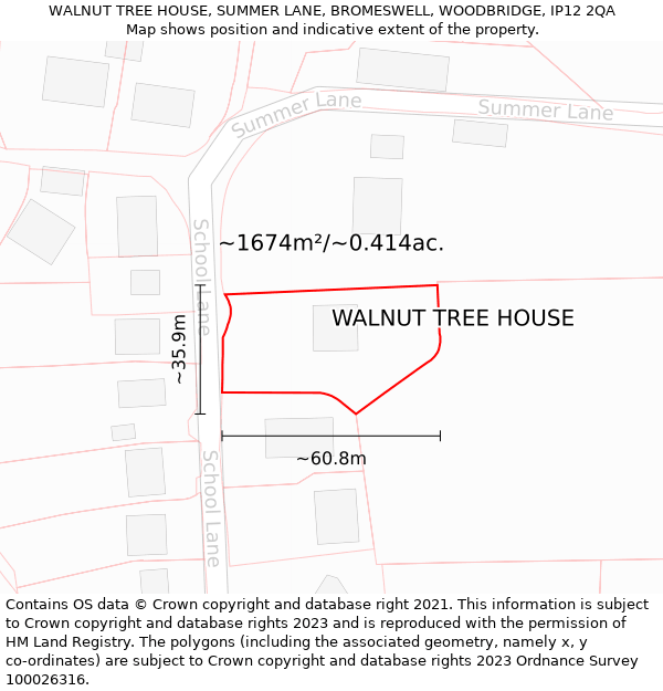 WALNUT TREE HOUSE, SUMMER LANE, BROMESWELL, WOODBRIDGE, IP12 2QA: Plot and title map