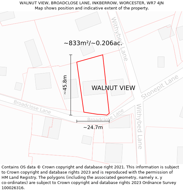 WALNUT VIEW, BROADCLOSE LANE, INKBERROW, WORCESTER, WR7 4JN: Plot and title map