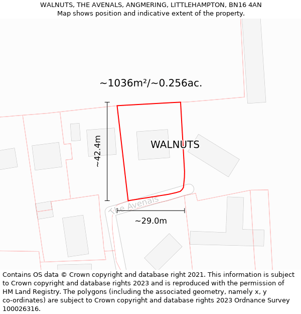 WALNUTS, THE AVENALS, ANGMERING, LITTLEHAMPTON, BN16 4AN: Plot and title map