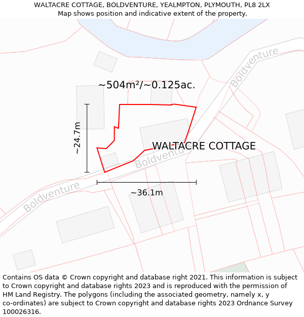 WALTACRE COTTAGE, BOLDVENTURE, YEALMPTON, PLYMOUTH, PL8 2LX: Plot and title map